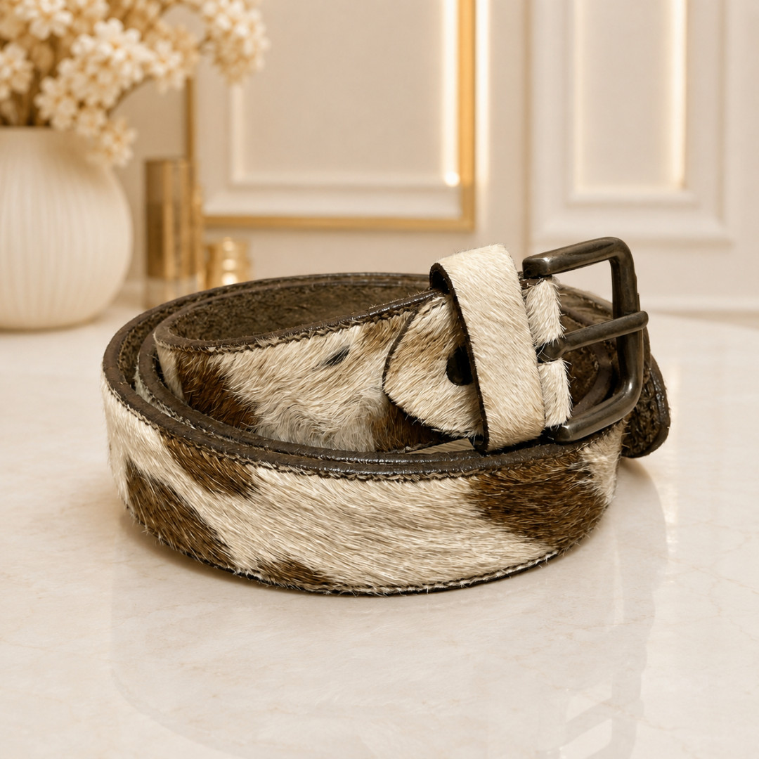 Handmade Brown White Hair-On Cowhide Leather Belt Western Gunmetal Buckle