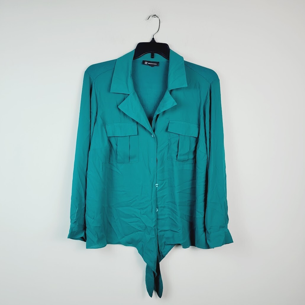 INC Womens Plus 2X Green Tie Front Button Up Pocket Blouse Top Retagged AB53