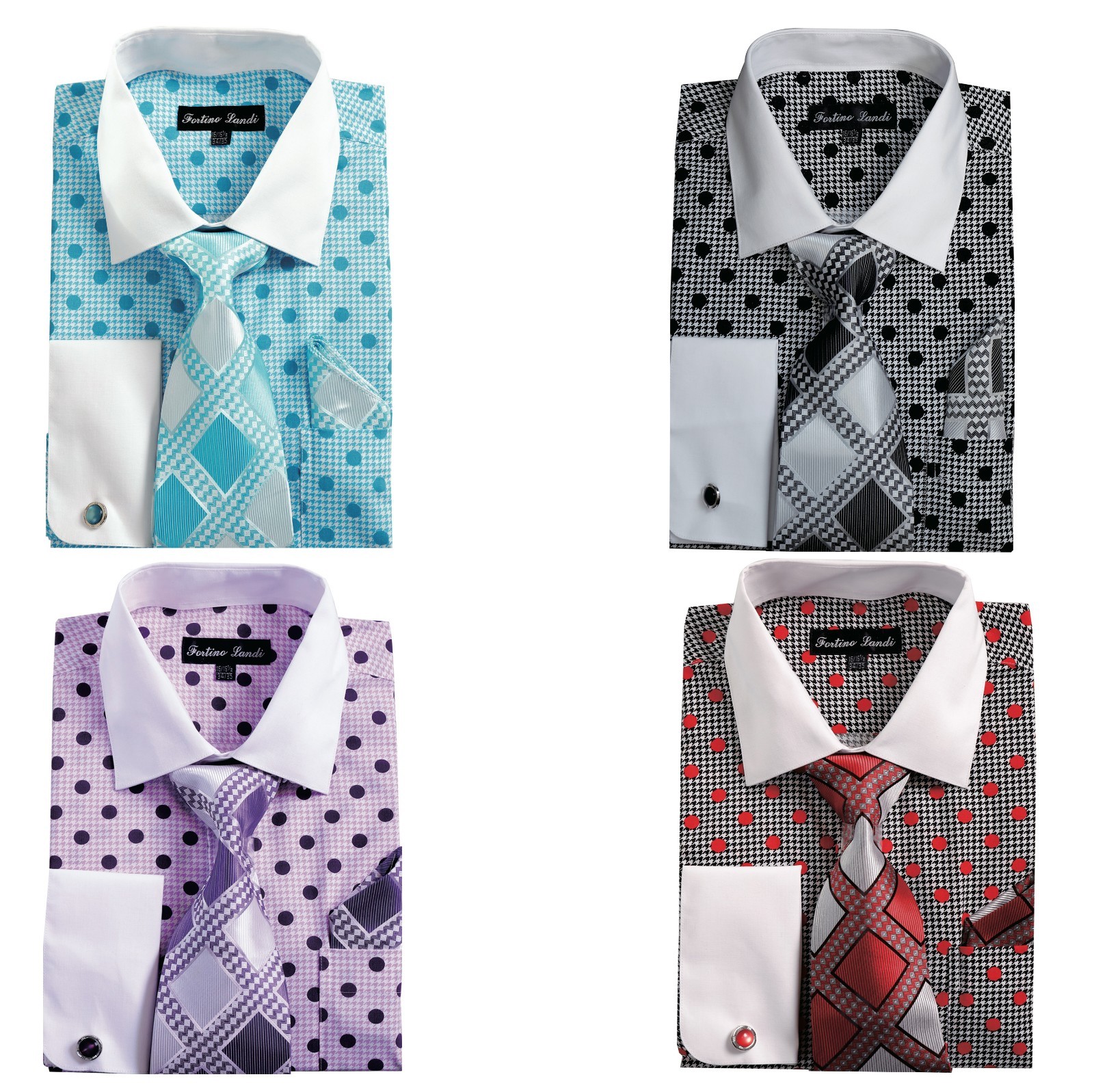 Men’s shirt Polka dot Tie with Hanky French Cuff Design by Fortino landi FL632