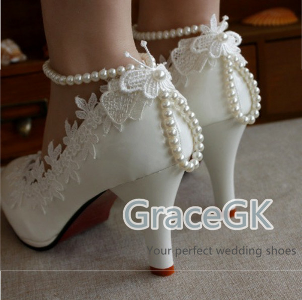 Women’s Lace Wedding Shoes Pearls anklet Bridal High Low Heels flat shoes