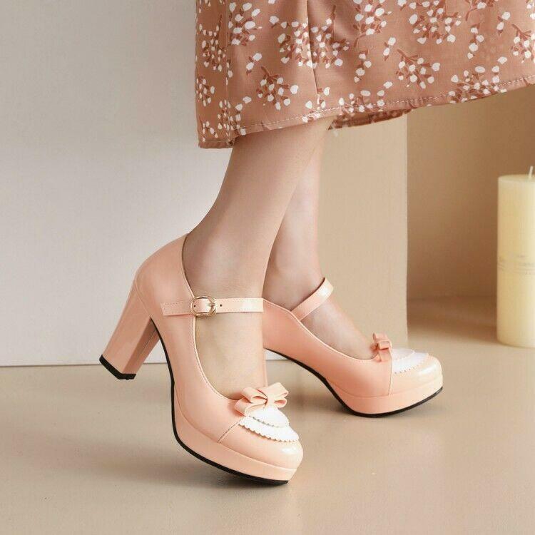 Womens Bowknot Platform Mary Janes Shoes Lolita Pumps Block Heels Fashion Shoes