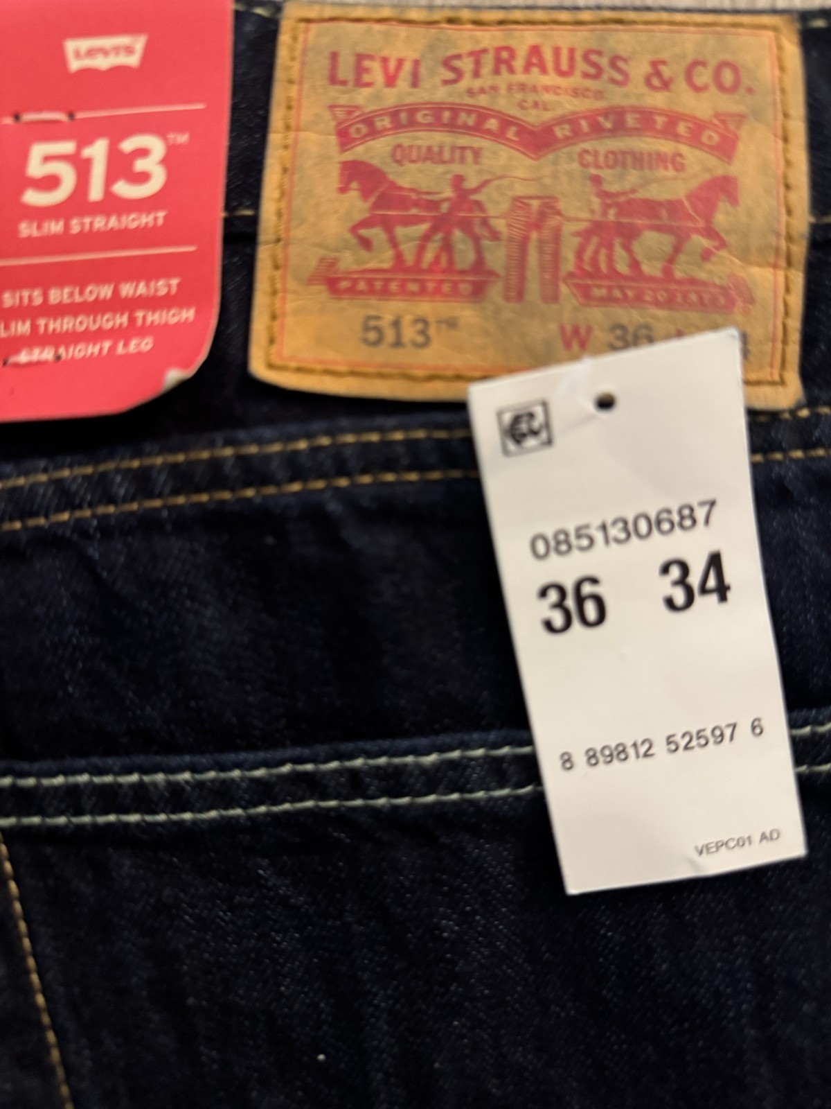 NWT Levi’s 513 Jeans Mens 36×34 Slim Straight Fit Stretch Black Mid Rise Denim