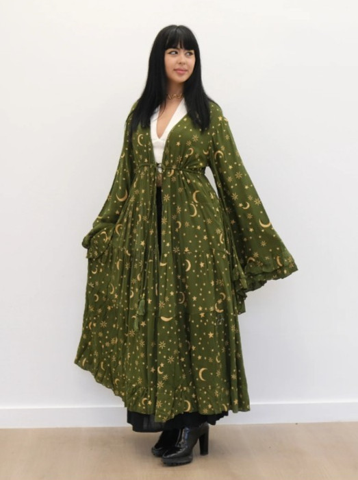 Karma Nepal Crafts Celestial Boho Goddess Duster Angel Bell Sleeve Moon Stars OS