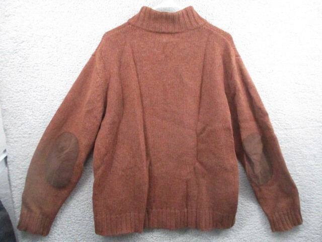 LL BEAN Shetland Wool Pullover Sweater Medium Elbow Patches 1/4 Zip Brown