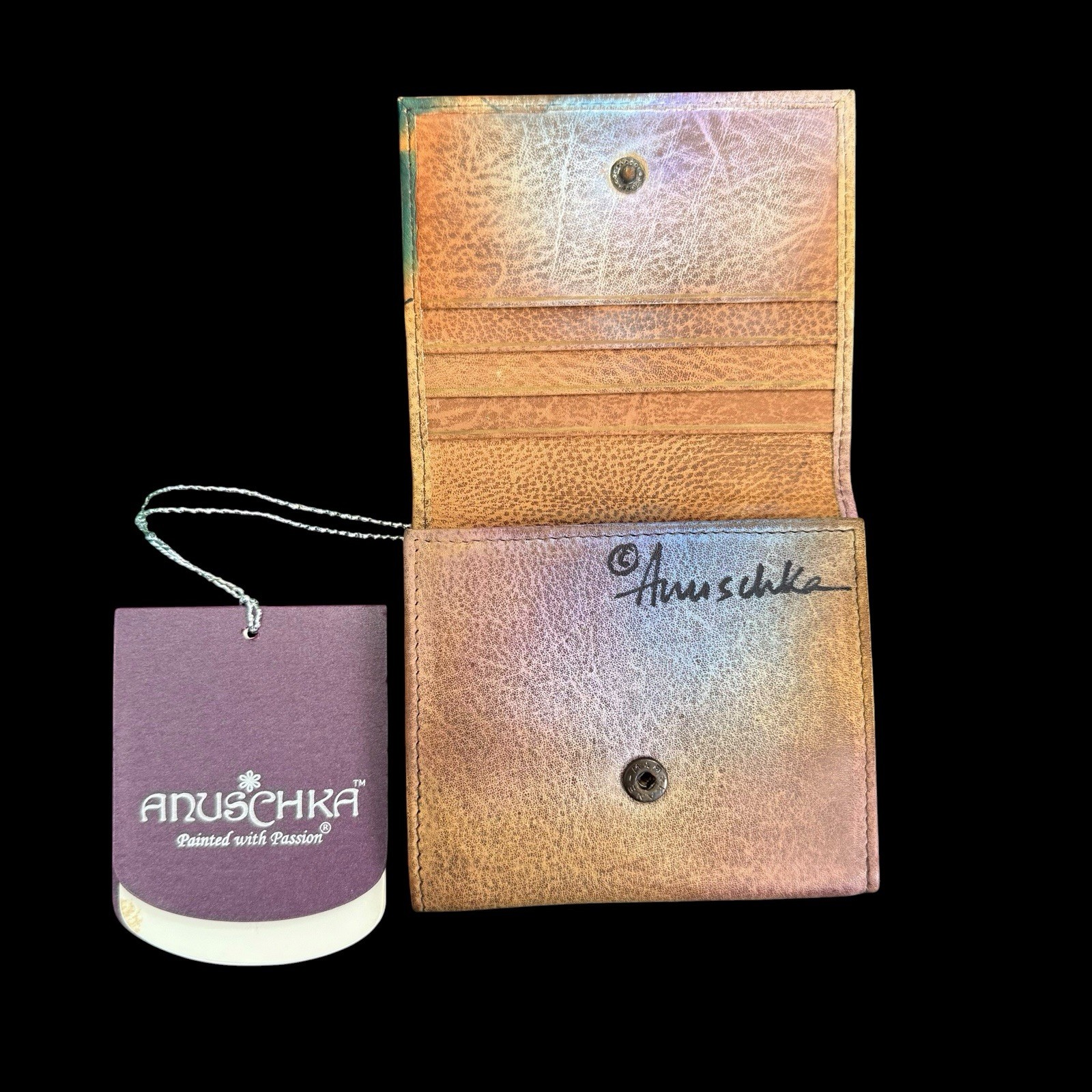 Anuschka Leather Tri-Fold Wallet Hand Painted Southwestern Tribal Colorful