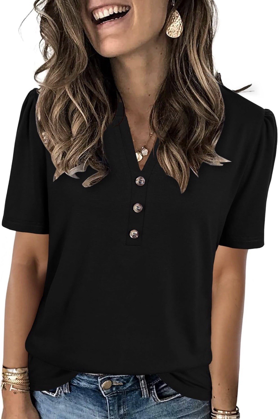 Womens Black Summer Top Small Short Sleeve Dressy Casual Vacation Blouse NEW