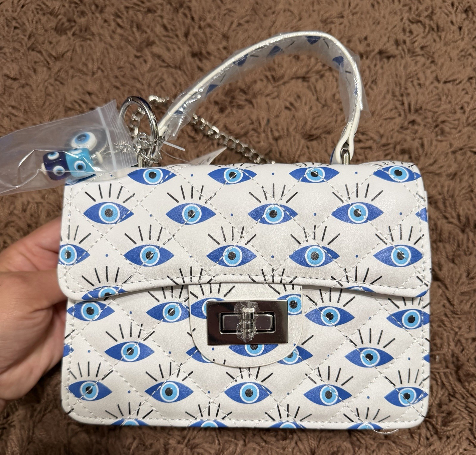 New White 100% Vegan Leather Evil Eye Crossbody Bag Detachable Chain Straps