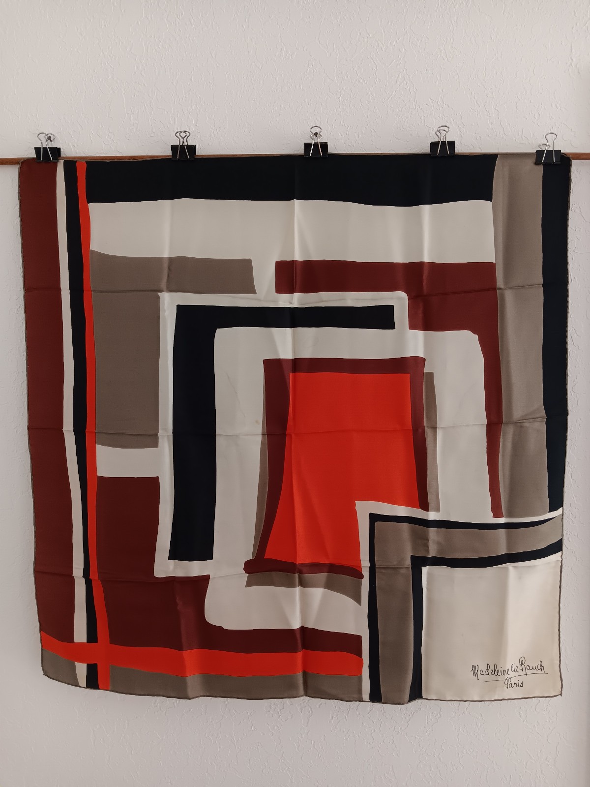 Vintage MADELEINE DE RAUCH PARIS Multicolor Silk Scarf with Geometric Design