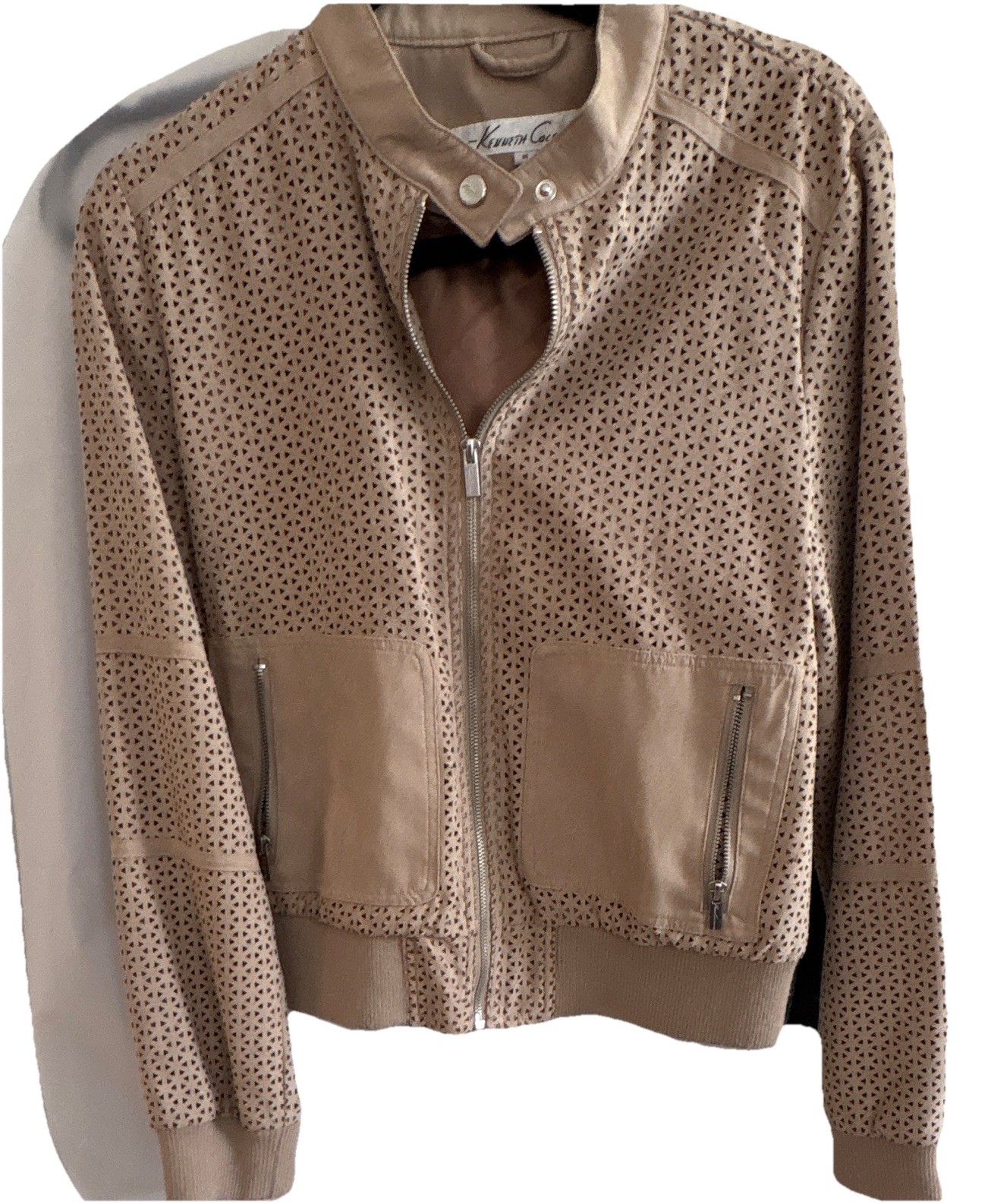 Kenneth Cole New York Women’s Beige Bomber Jacket Full Zip Solid Short M