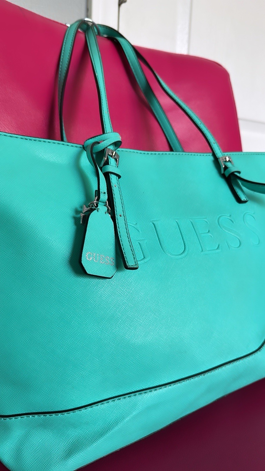 GUESS Turquoise Tote Shoulder Bag Animal Print, Bag Charm, Inner Pockets