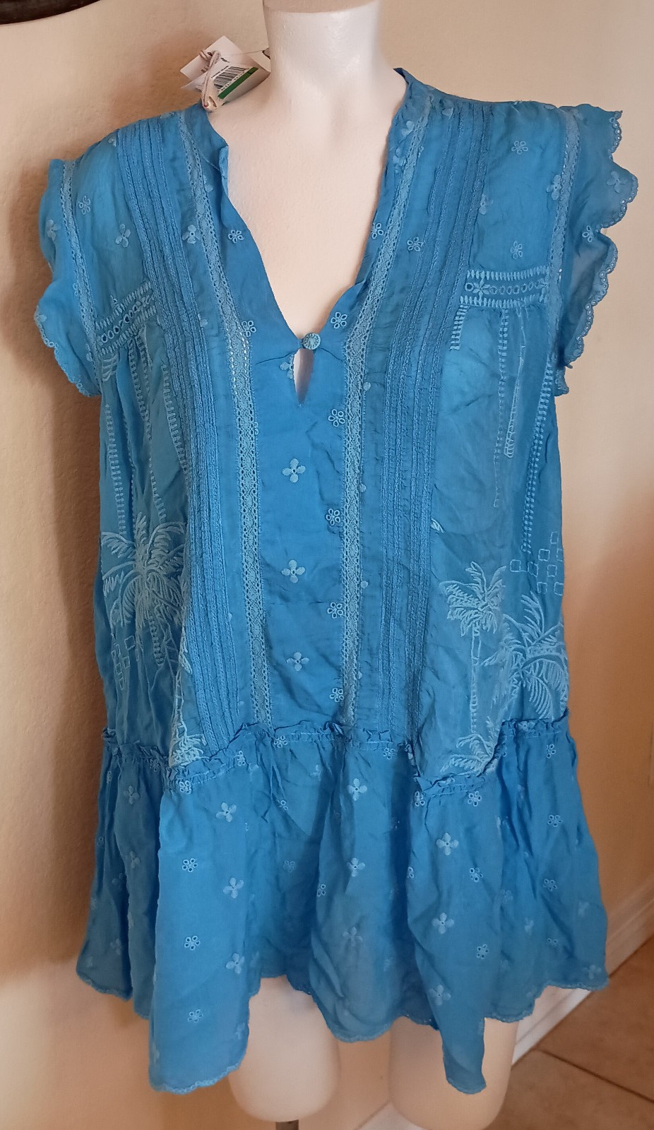 NWT JOHNNY WAS Azure Blue Palm Oriana Eyelet Lace Tunic SZ L