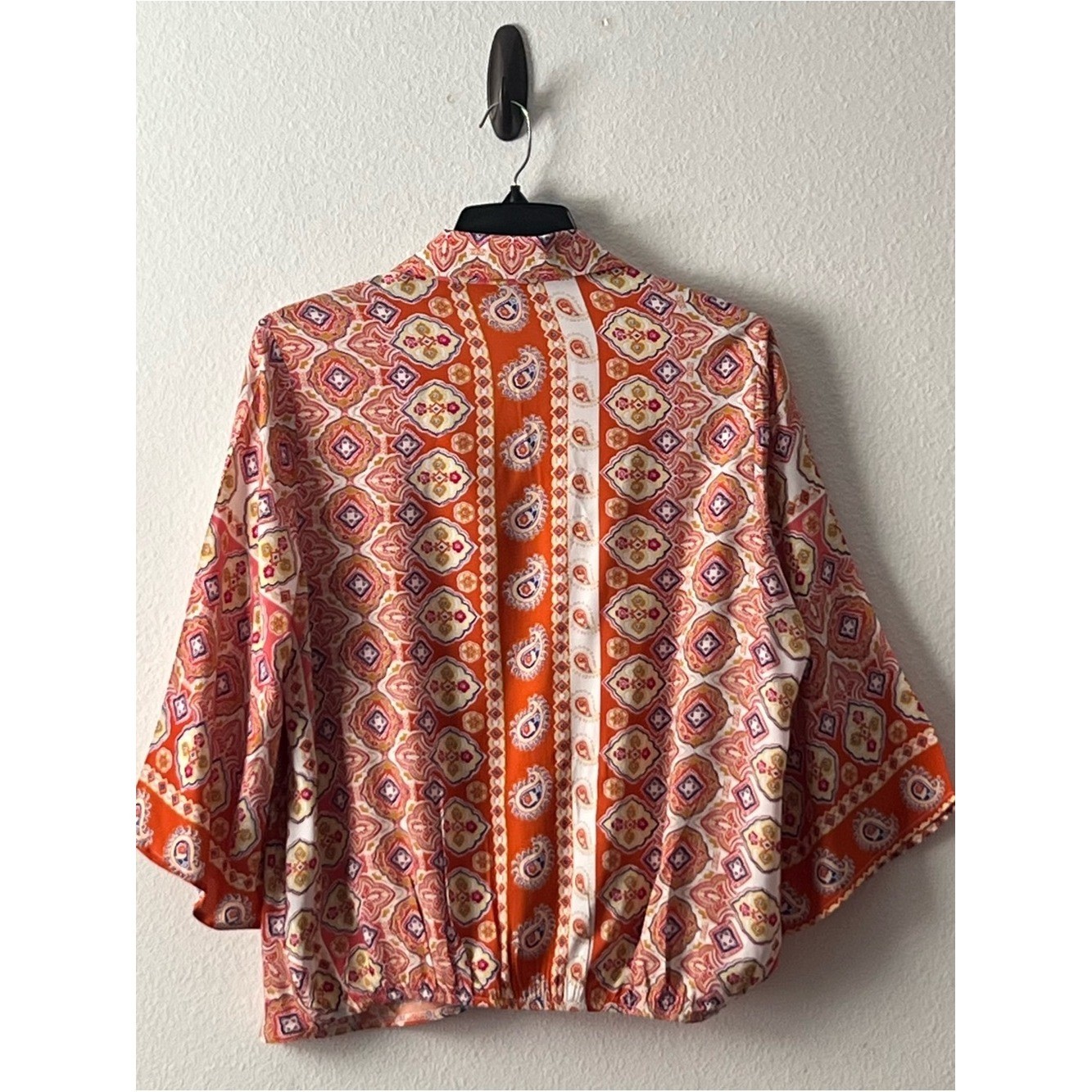 Unique Spectrum Satin Button-Front Blouse in Coral, Cream , Red Accents, Size IX