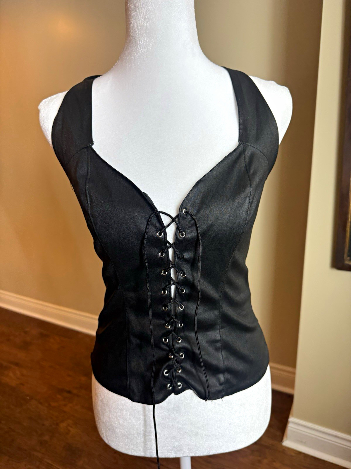 Black Satin Halter Lace-Up Backless Corset Top, Size XS