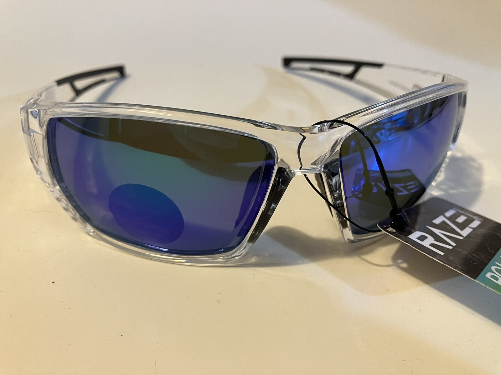RAZE Eyewear Sunglasses Sonar Polarized Clear Frame Blue Mirror Smoke 28856