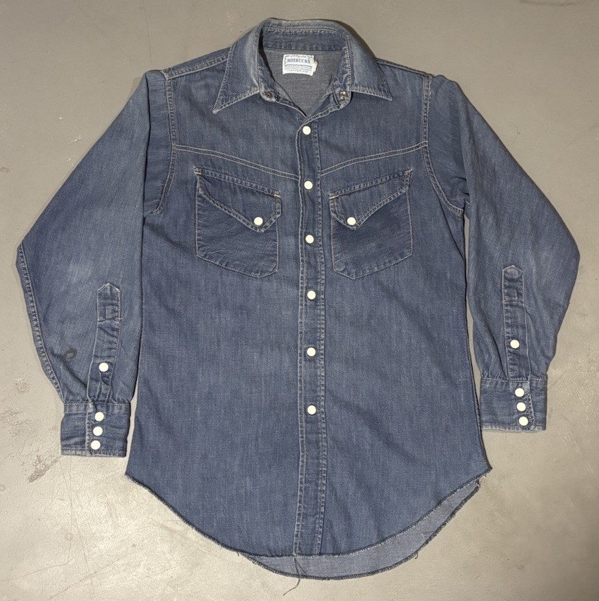 Vintage 70s Roebucks Pearl Snap Denim Sanforized Shirt Western Size Medium 80s