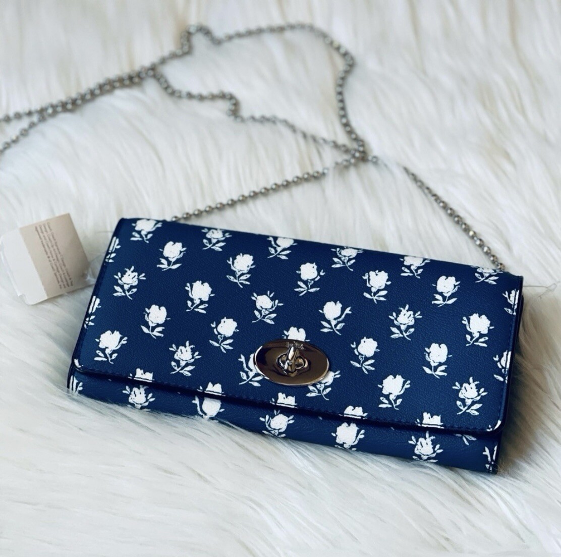 NWT Coach Badlands Floral Slim Chain Envelope Wallet in Blue Multi F53151