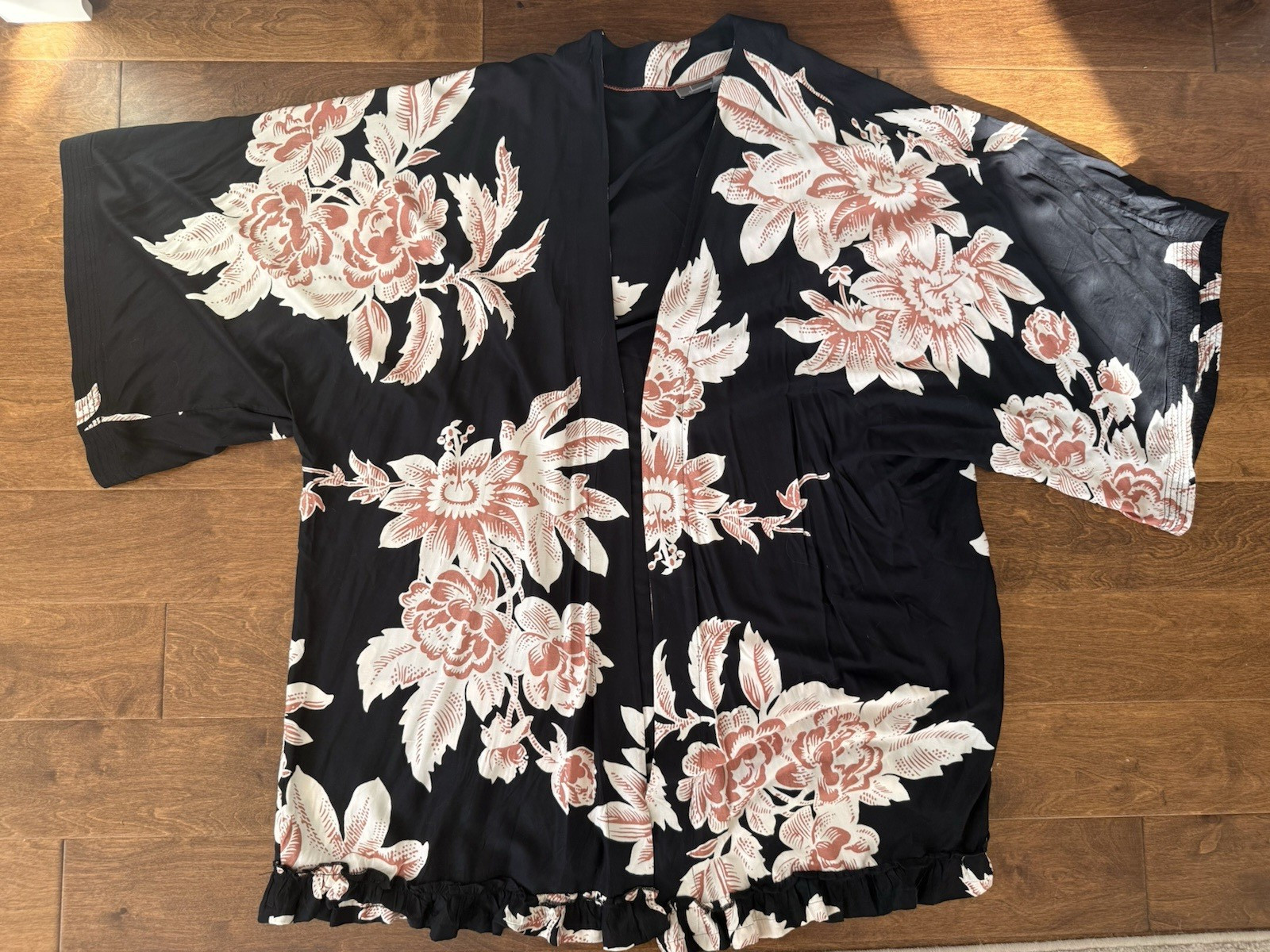 By Anthropologie Long Sleeve Duster Kimono Black+Pink Tropical Flower SZ 2X READ