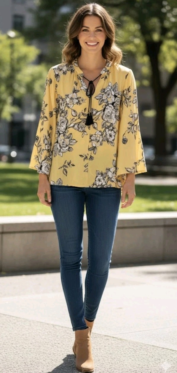 Unique Spectrum Women’s Blouse 2X Yellow Floral V-Neck 3/4 Wide Sleeves Rayon