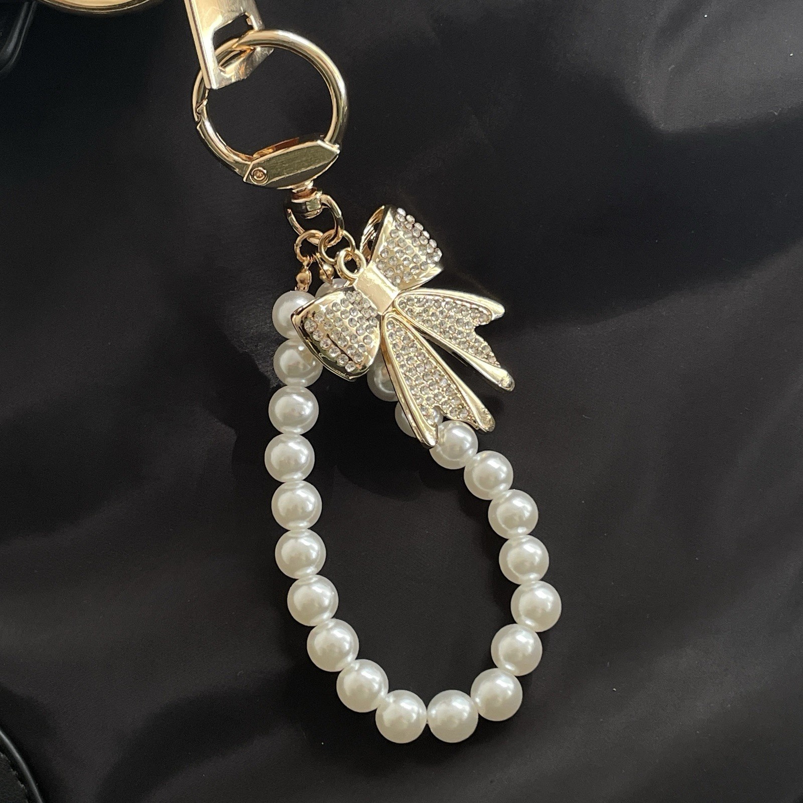 Coquette Pearl Bow Bag Charm Keychain Gold Tone Rhinestone Purse Accessory