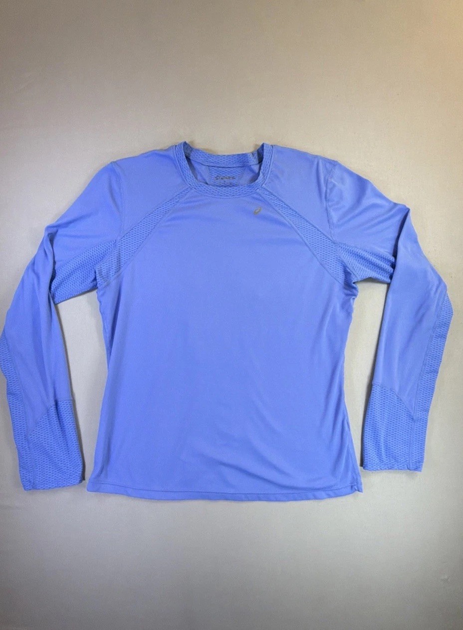 ASICS Women Long Sleeve Running Shirt L Large Blue Mesh Ventilation Athletic Top