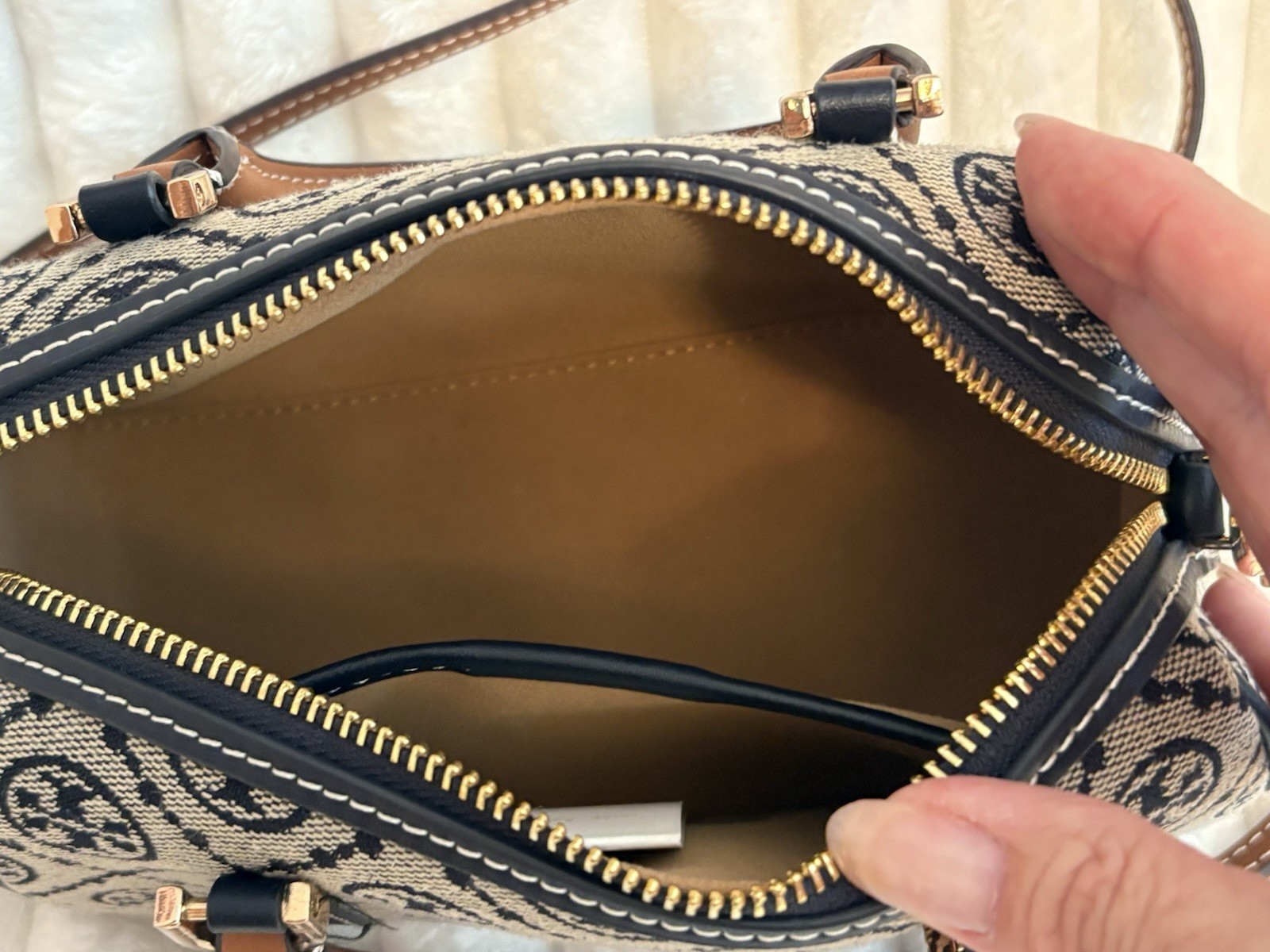 Tory Burch T Monogram Mini Duffle Satchel, Zip, Strap, Navy Beige Brown