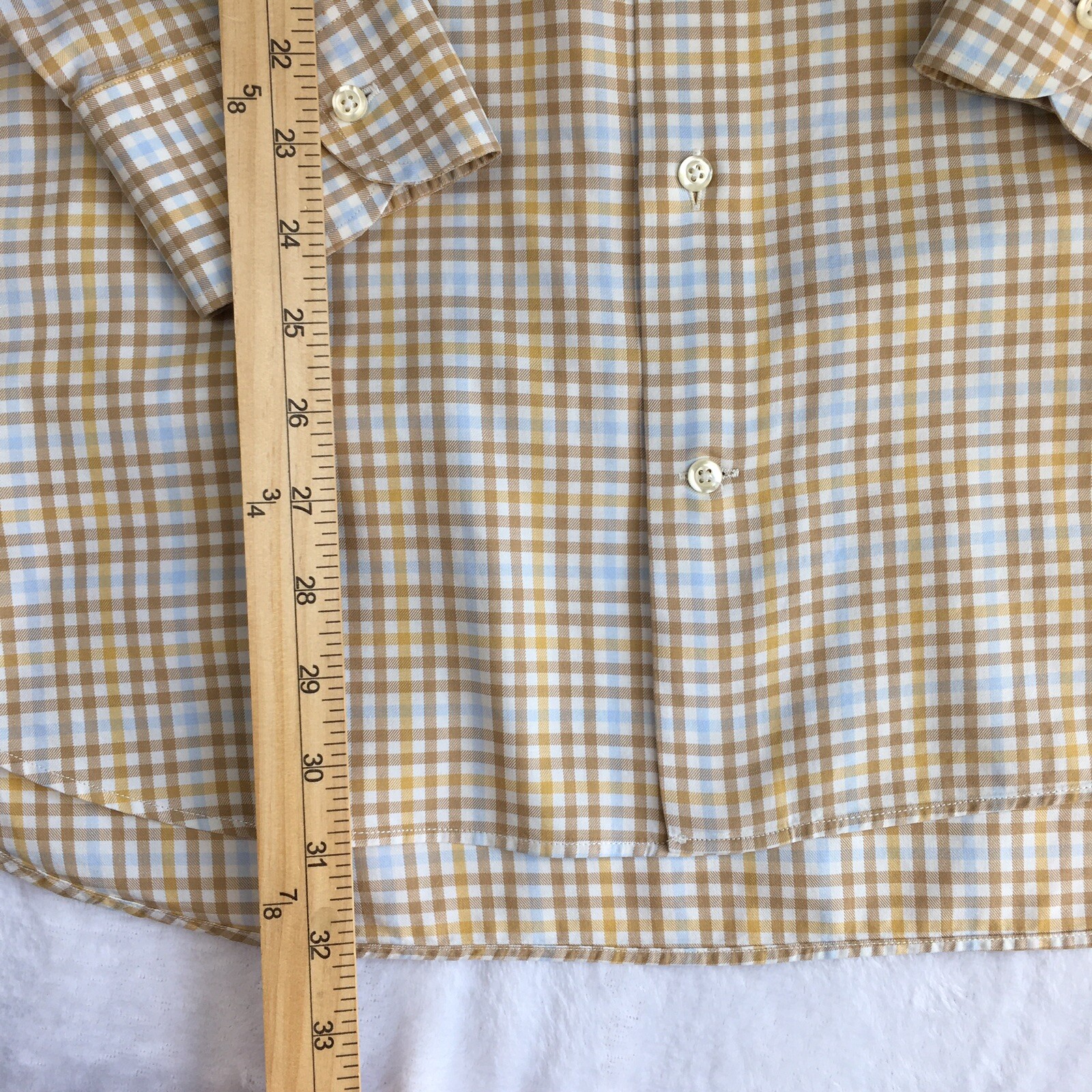 Peter Millar Dress Shirt Mens Medium Tan/Lt. Blue Checks Long Sleeves