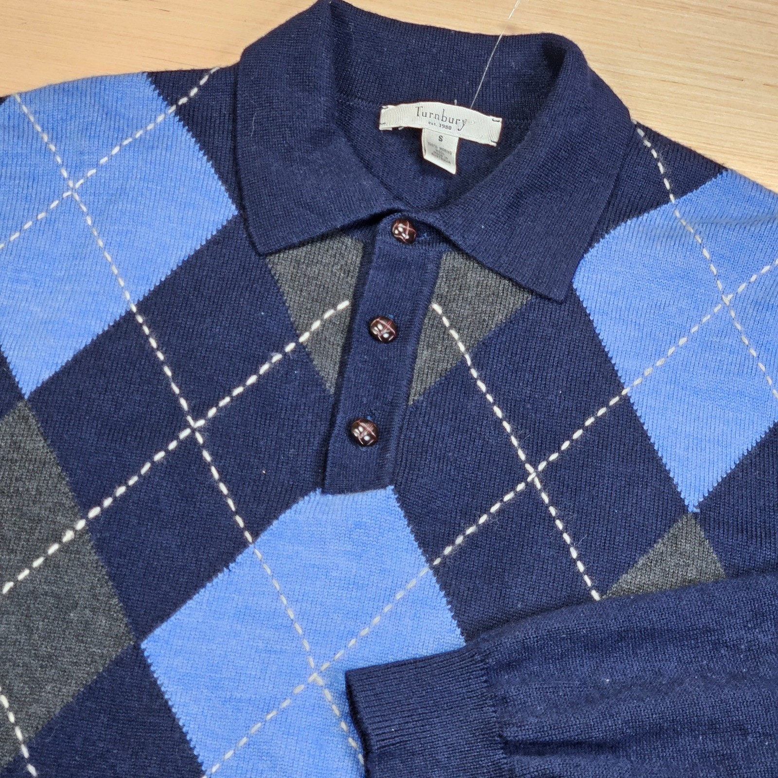 Turnbury Argyle Sweater Polo Mens S Blue Merino Wool Long Sleeve Pullover