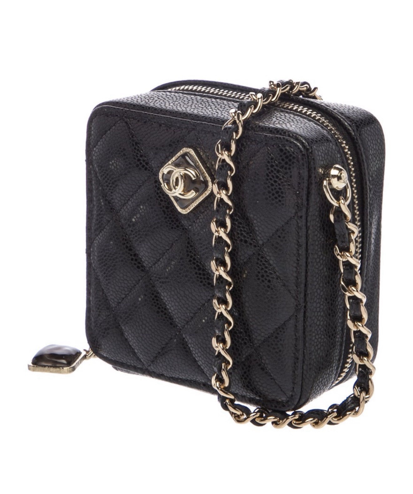 Auth CHANEL Black Quilted Mini Square Zip Crossbody Bag with Gold Chain Strap