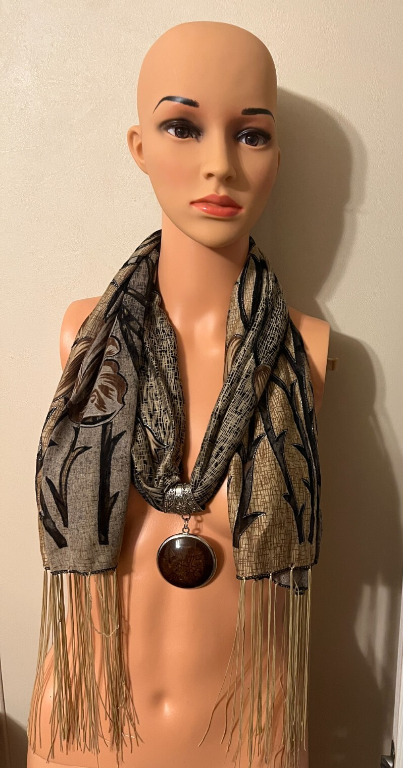 UNKNOWN MAKER FRINGED TASSELS SHAWL WRAP SCARF 76 X 17 IN W/CABOSHON PENDANT