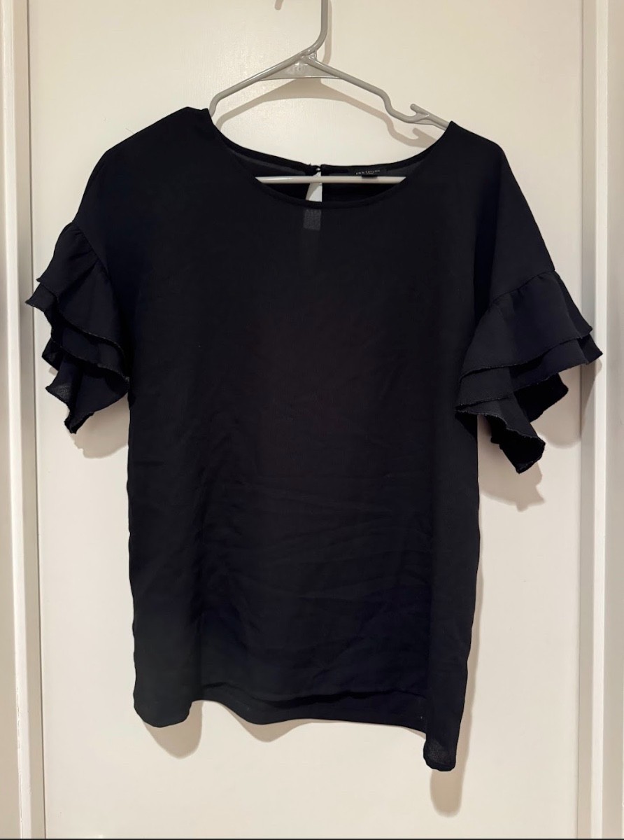 CUTE! Ann Taylor Double Ruffle Sleeve SMALL Navy Blue Pullover Blouse