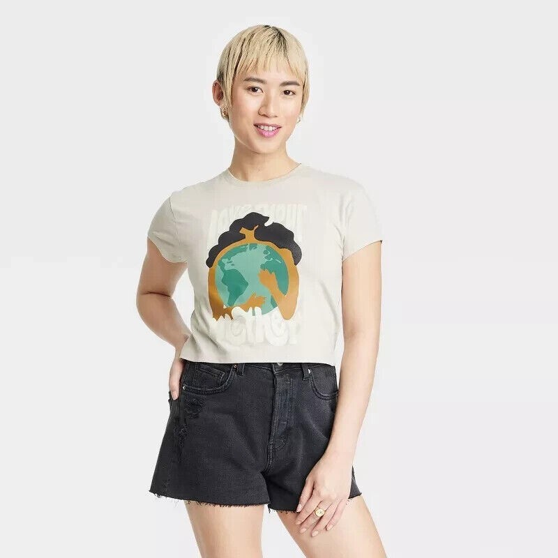 Women’s Love Your Mother Earth Day Short Sleeve Cropped T-Shirt Beige Size XS