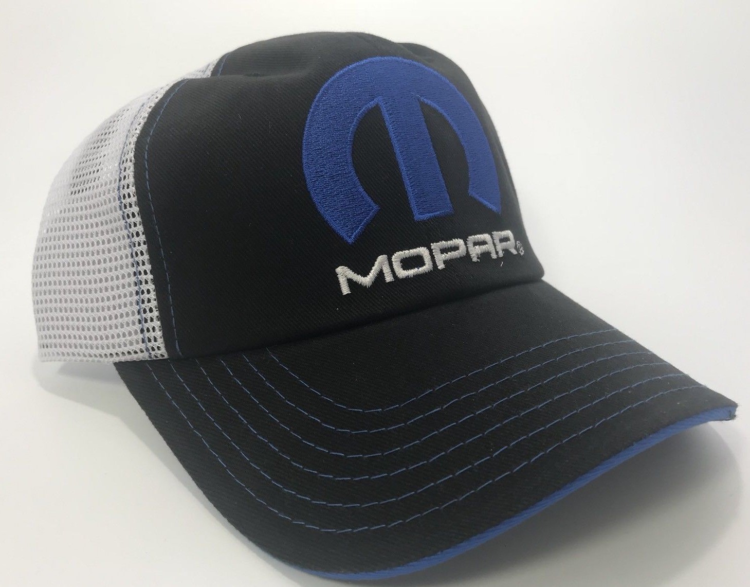 Black Hat / Cap w/ White Mesh & Blue Mopar “M” Logo / Emblem (Licensed)