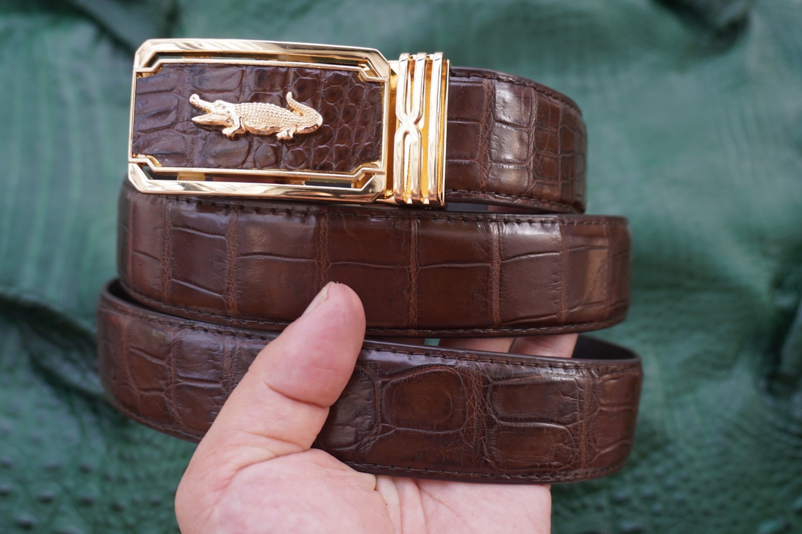 W1.3 inch Brown Genuine Crocodile Belly Leather Skin Men’s Belt Buckle #D31