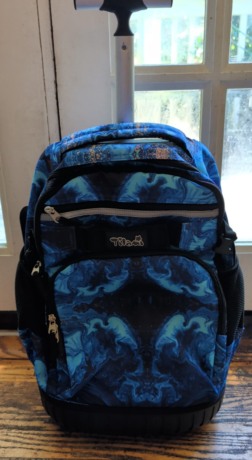 Tilami Rolling Backpack- 18 Inch Wheeled Backpack – ‘Blue Wave’ Design – NEW