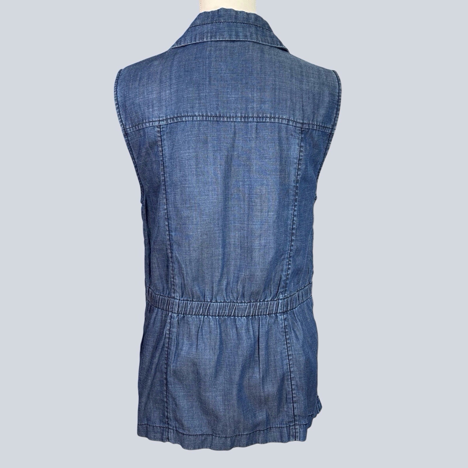 Talbots Blue Chambray Button Up Tunic Vest XL Pockets Cotton Linen Blend