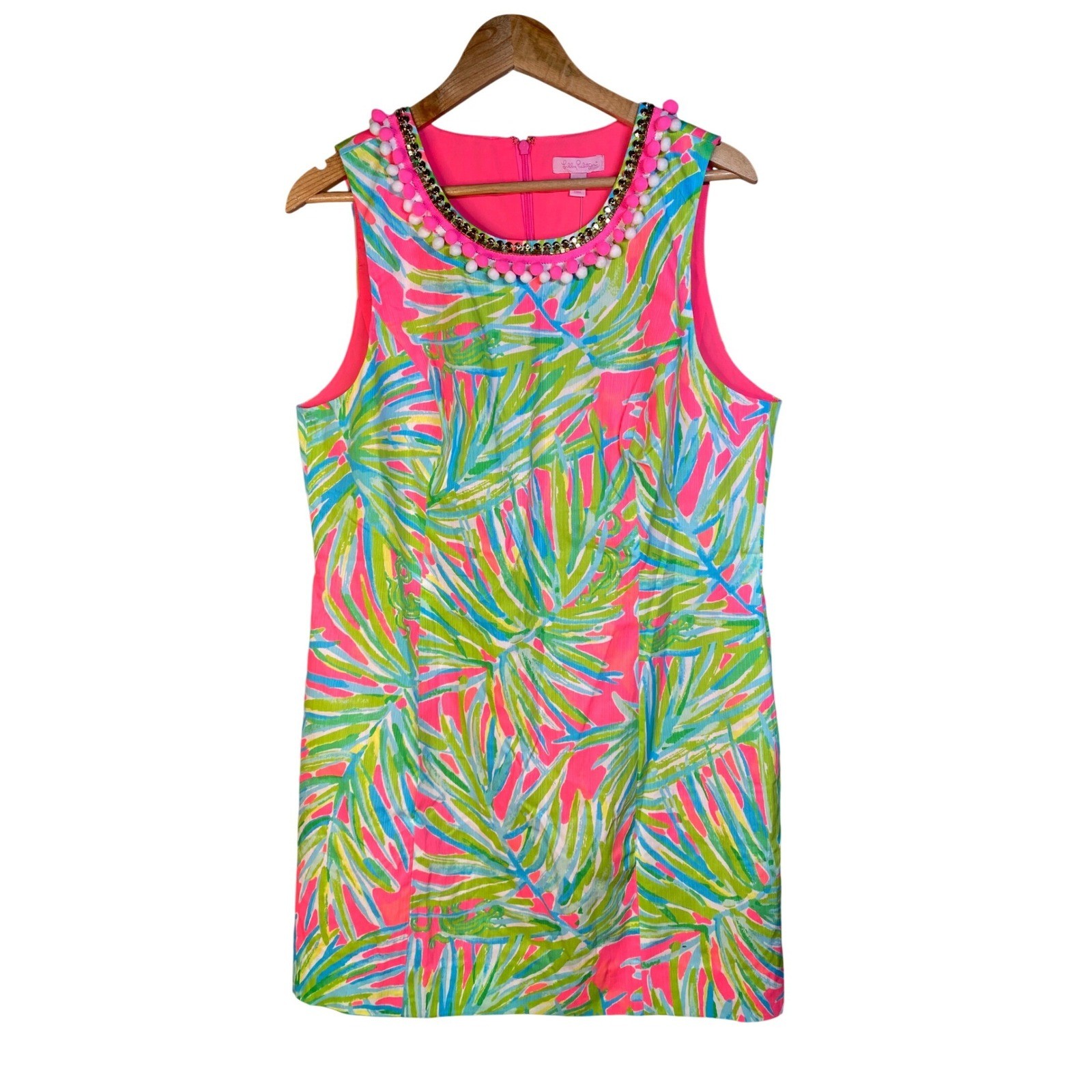 Lilly Pulitzer Mila Shift Dress Womens 16 Palm Leaf Embellished Preppy Resort