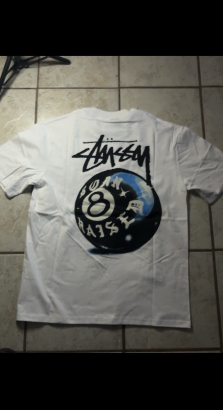Stussy Men’s White Crew Neck Short Sleeve Graphic Logo Tee 8 Ball Back Print