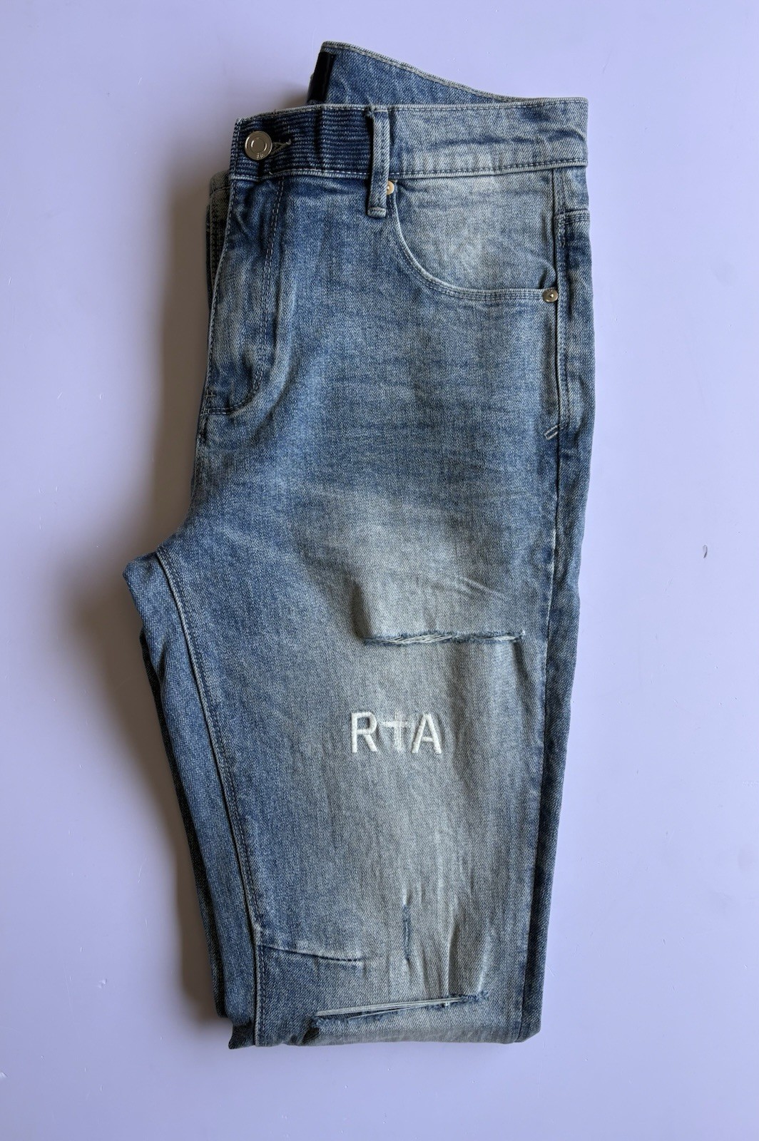 RTA Men’s Light Blue Distressed Jeans Size 32 Luxury Designer Streetwear