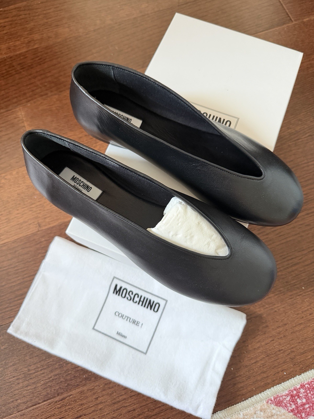 Moschino Women’s Black Leather Slip-On Ballet Flats Round Toe Logo EU37.5