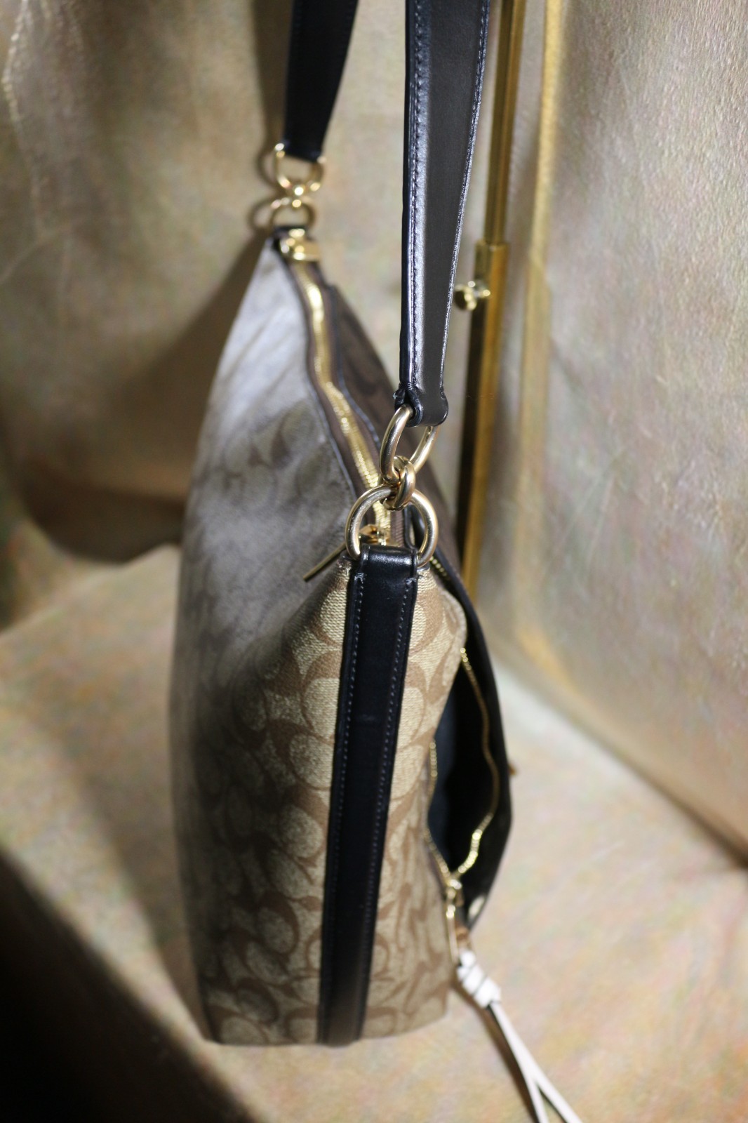 COACH SLIMLINE SIGNATURE C, LT & DK BROWN, BLACK ACCENTS, TWO SIDE ZIPPERS