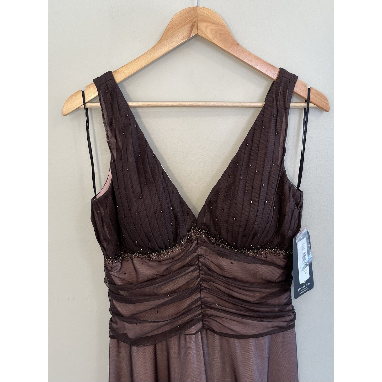 JS Boutique Y2K Dress Baby Doll Beading Ruching Tulle Sheer Brown Pink NWT