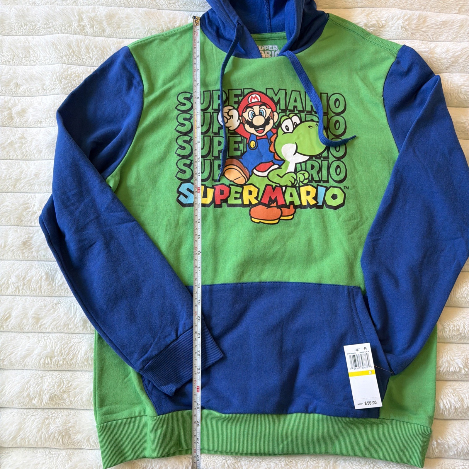 Super Mario-Nintendo Colorblock Pullover Hoodie Unisex Green & Blue Medium (NEW)