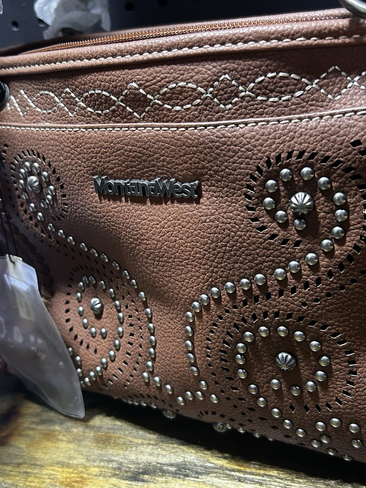 Montana West Brown Studded Pebbled Satchel Top Handle Zip Lined Pockets Strap