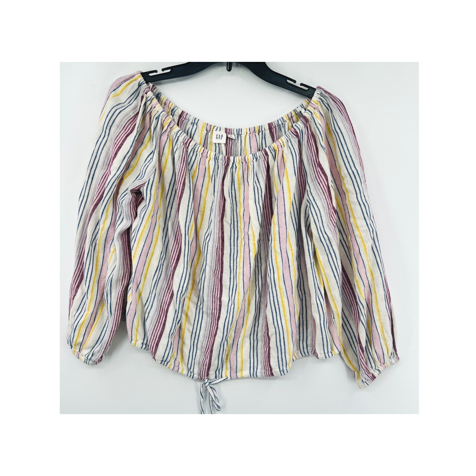 Gap Off The Shoulder Top Size S Multi Color Striped Linen Blend Tie Hem Beachy