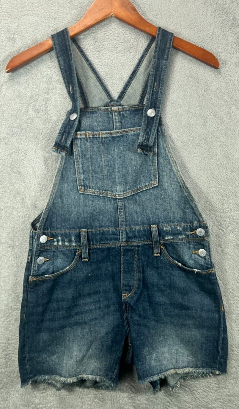 Old Navy Girls 14 XL Denim Shortalls Overalls Dark Blue Jean Distressed Fringe