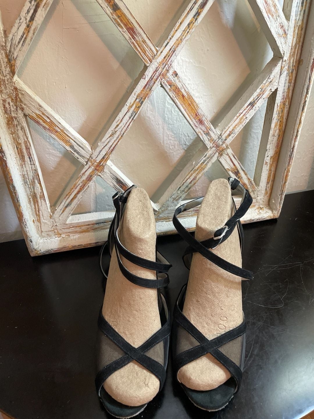 Celebrity Handmade Black Leather Mesh Ballroom Dance Shoes Size 9.5