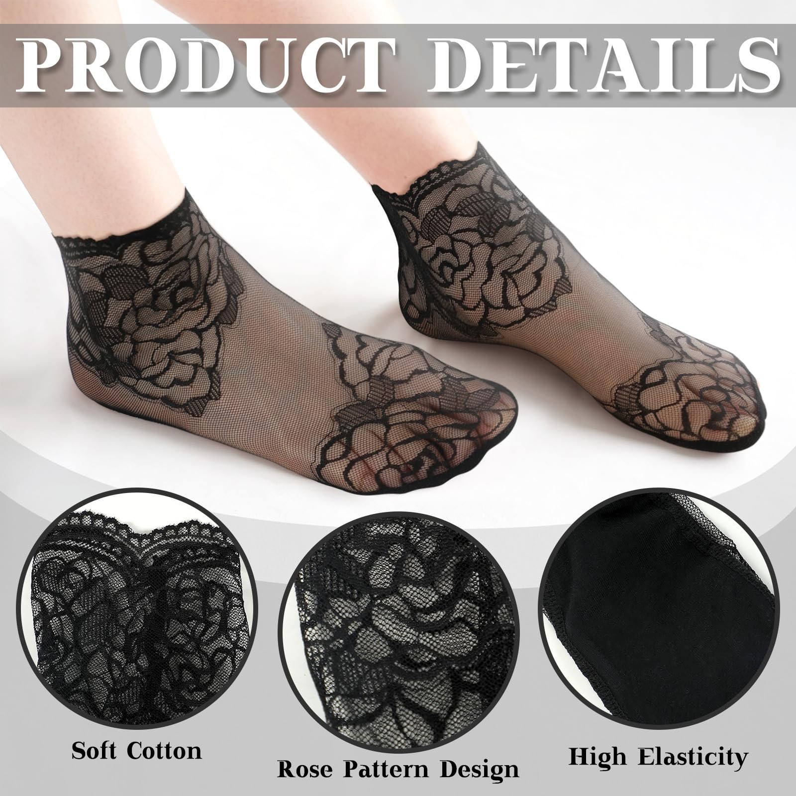 Geyoga 12 Pairs Lace Ankle Socks for One Size, Black, White, Pink, Gray, Skin