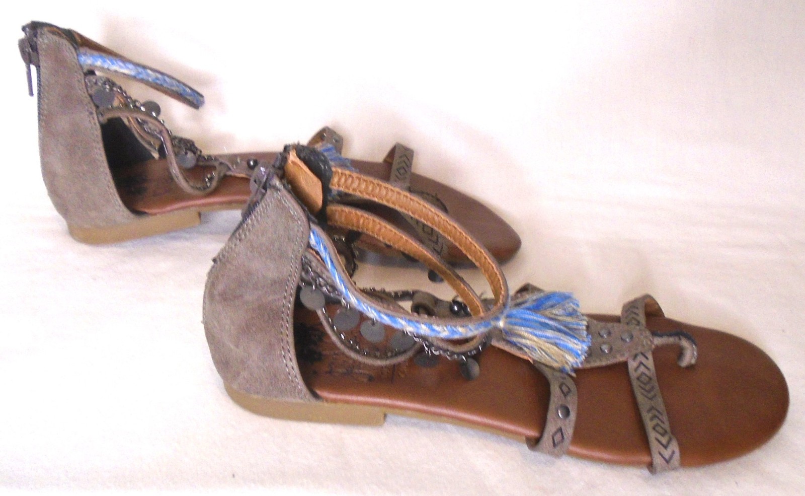JellyPop Studded Gladiator Sandals, Strap/Chain/Tassels Accent, Boho, Sz 7 M