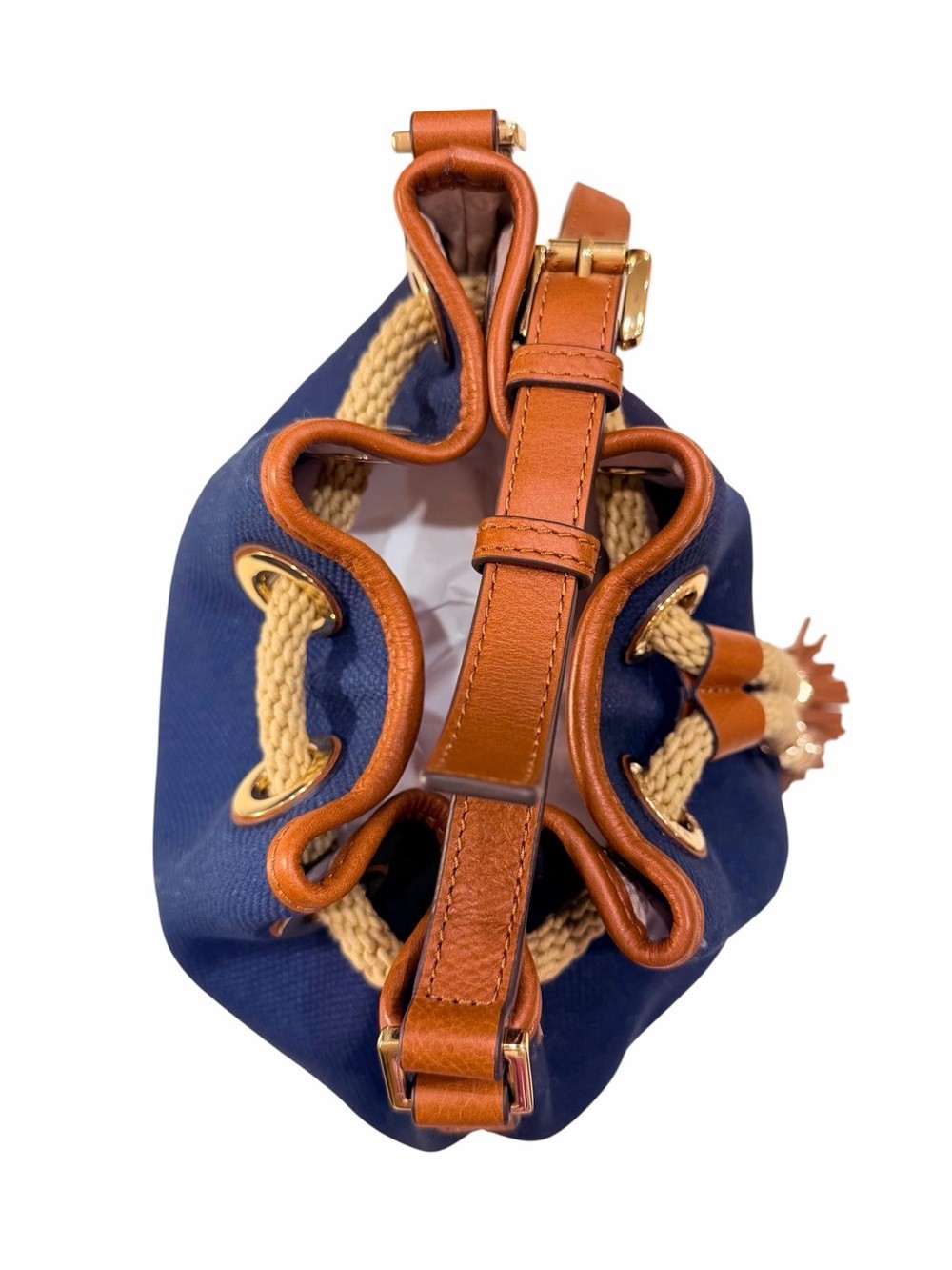 Michael Kors Marina Navy Canvas Tote Tan Leather Trim and Beige Drawstring NWOT