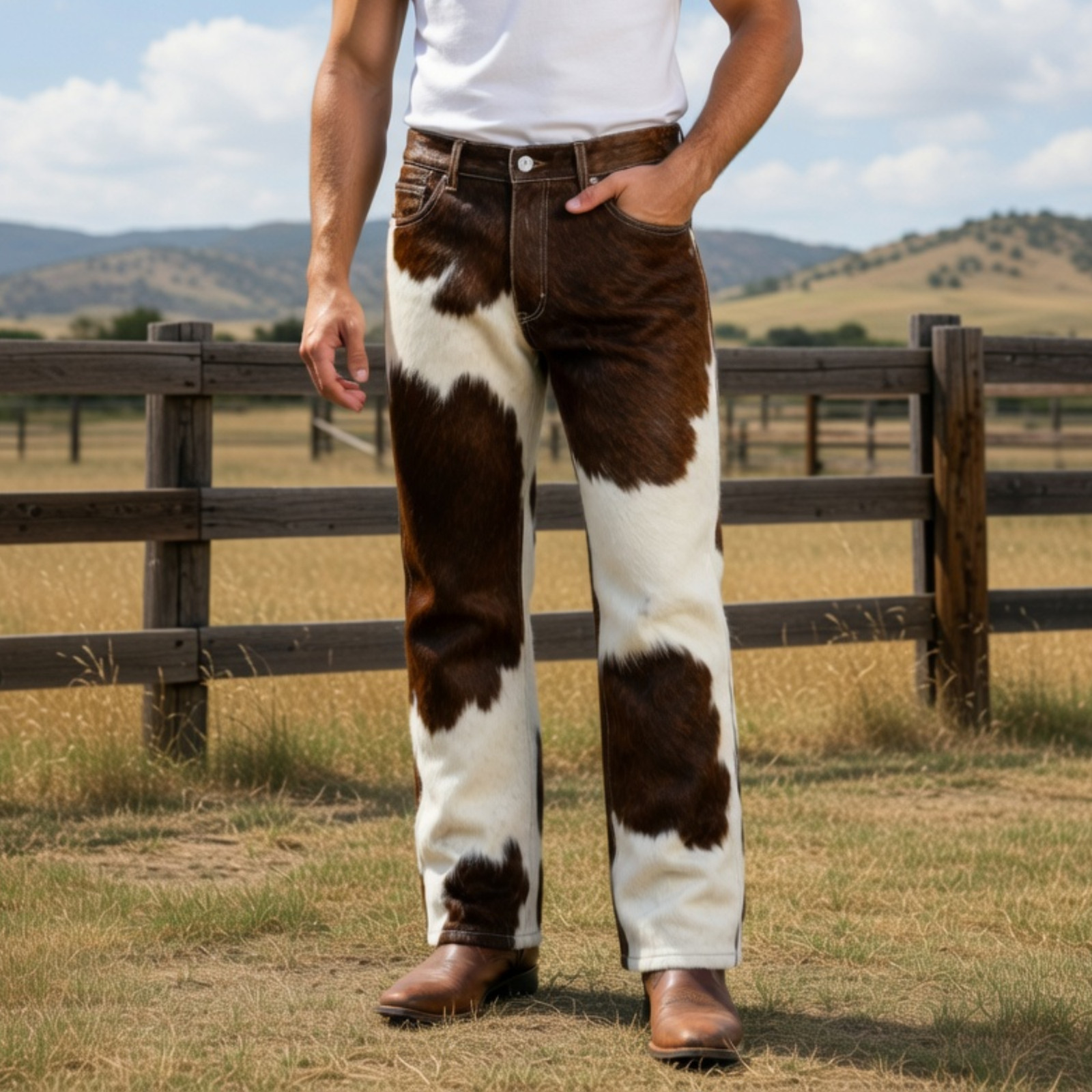 Men’s Hair-On Cowhide Leather Pants | Real Pony Skin Western Style Cowboy Pants